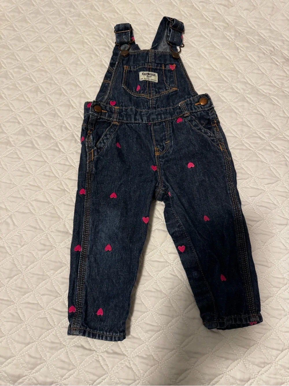 OshKosh B'gosh Dark Blue Denim Overalls with Pink Heart Print